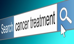 Illustration depicting a screen shot of an internet search bar containing a cancer treatment concept.